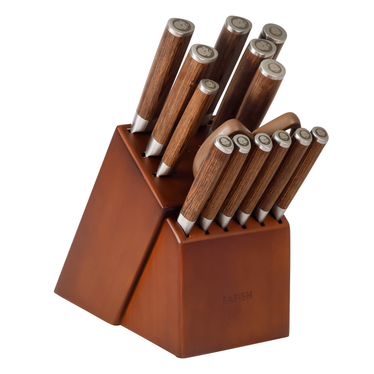 Babish High-Carbon 1.4116 German Steel 15 Piece Full Tang Forged Cutlery Kitchen Knife Block Set - Light/Dark Pakka Wood Handle