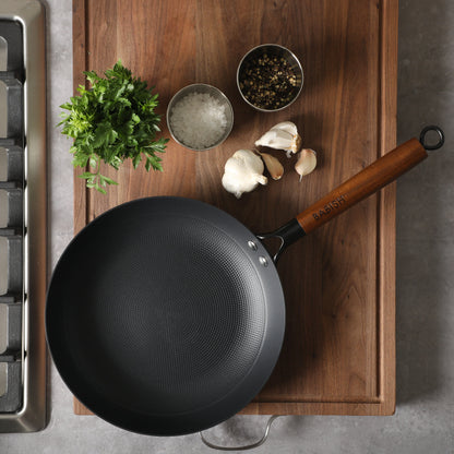 Babish 9.5 Inch/11 Inch Cast Iron Skillet with Wooden Handle, Pre-Seasoned Nonstick Pan with Honeycomb Cooking Surface, Induction Oven Safe Skillet