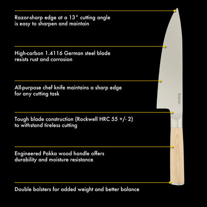 Babish 8-Inch Chef Knife – High-Carbon 1.4116 German Steel Kitchen Knife with Pakka Wood Handle, Full-Tang Razor Sharp Chef’s Blade for Chopping, Slicing, Dicing & Everyday Prep