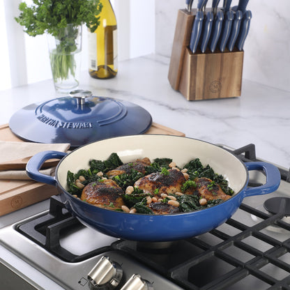 Martha Stewart Gatwick Enameled Cast Iron Braiser with Lid, 3.5-Quart Braiser Pan for Stovetop & Oven, Cast Iron Braising Pan with Gold Knob