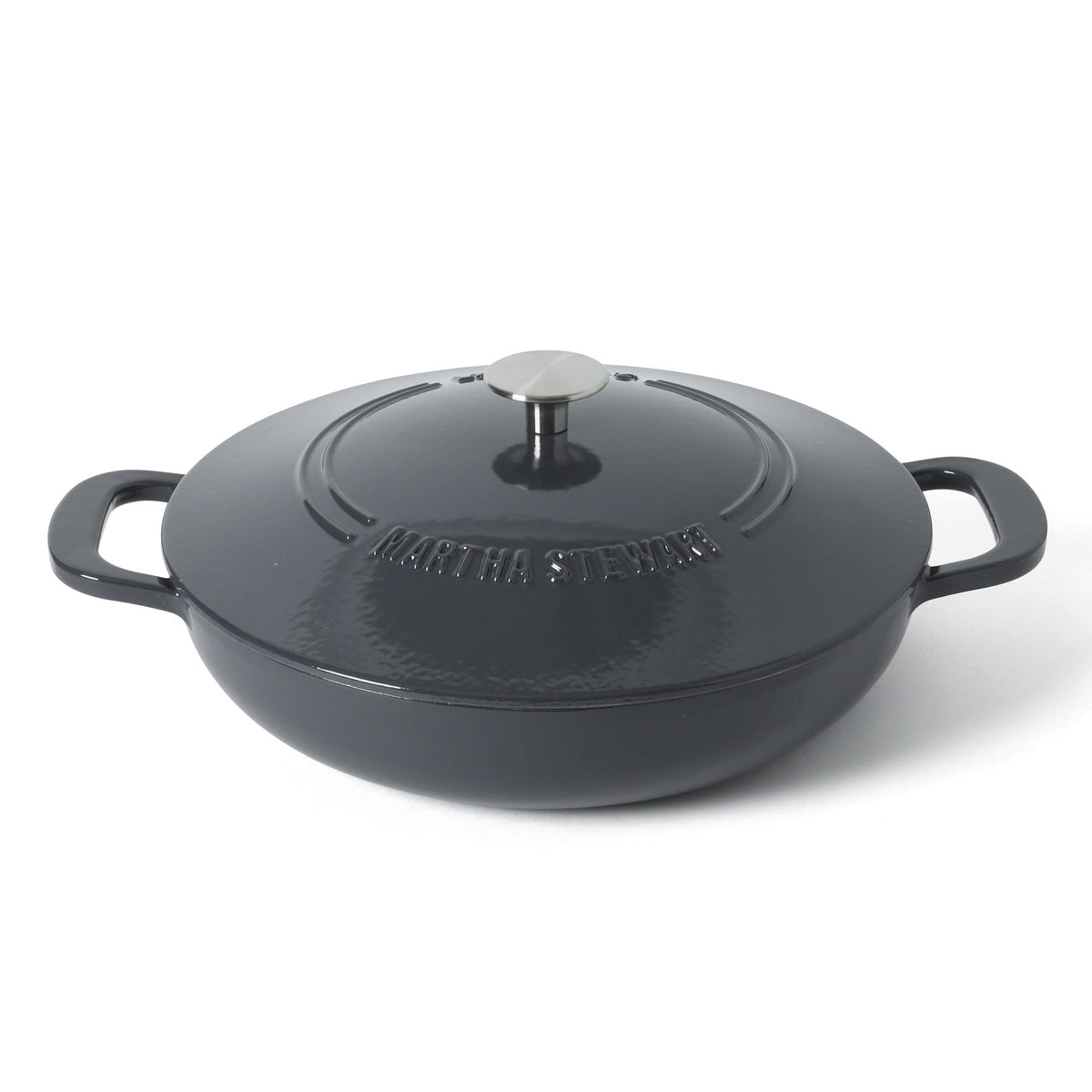 Martha Stewart Gatwick Enameled Cast Iron Braiser with Lid, 3.5-Quart Braiser Pan for Stovetop & Oven, Cast Iron Braising Pan with Gold Knob
