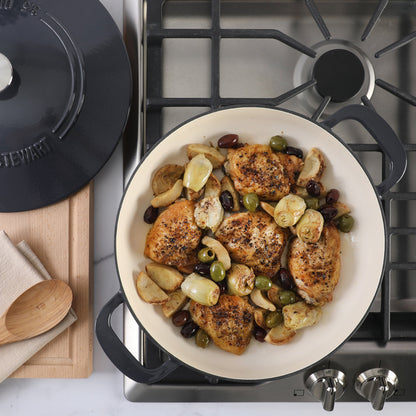 Martha Stewart Gatwick Enameled Cast Iron Braiser with Lid, 3.5-Quart Braiser Pan for Stovetop & Oven, Cast Iron Braising Pan with Gold Knob