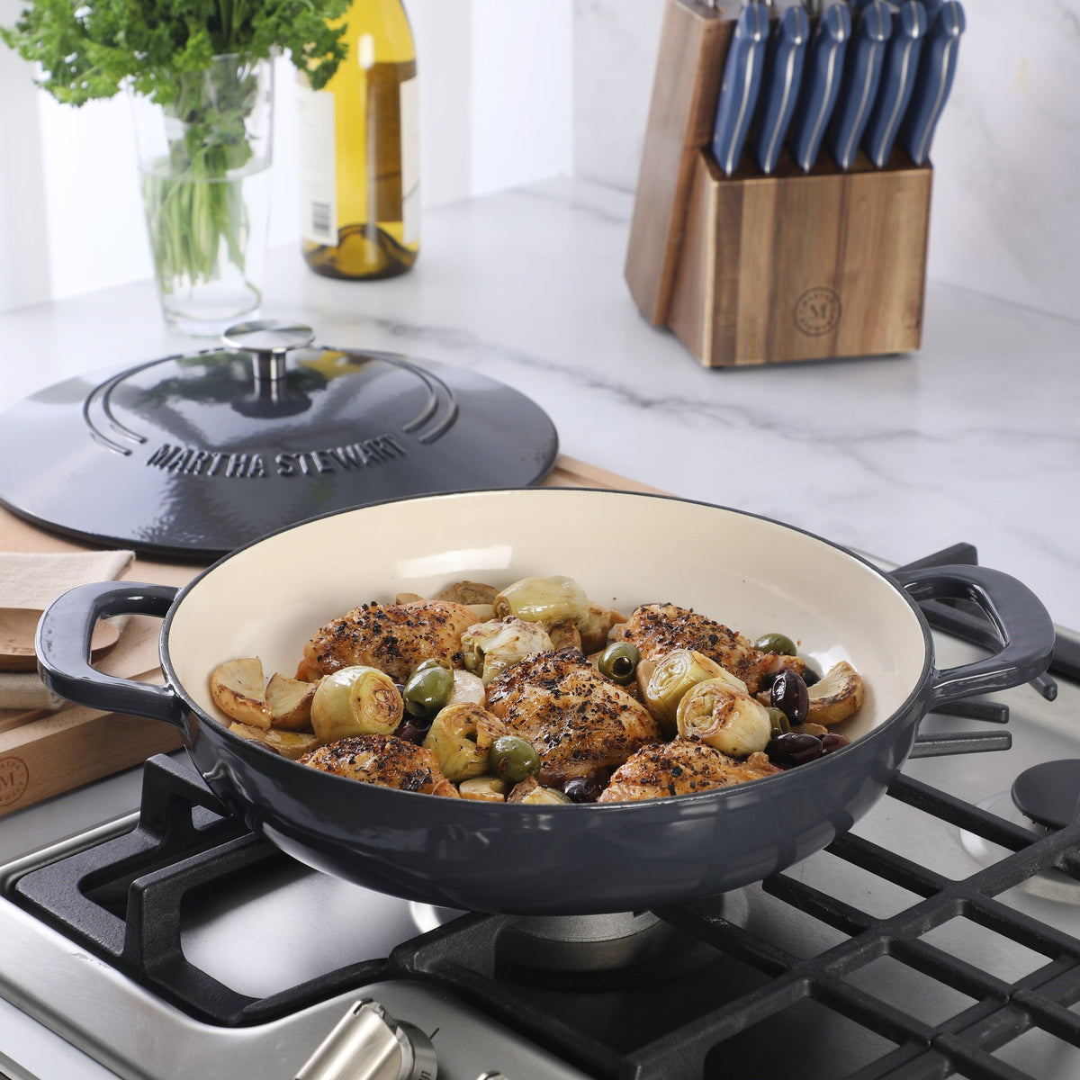 Martha Stewart Gatwick Enameled Cast Iron Braiser with Lid, 3.5-Quart Braiser Pan for Stovetop & Oven, Cast Iron Braising Pan with Gold Knob