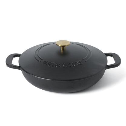 Martha Stewart Gatwick Enameled Cast Iron Braiser with Lid, 3.5-Quart Braiser Pan for Stovetop & Oven, Cast Iron Braising Pan with Gold Knob