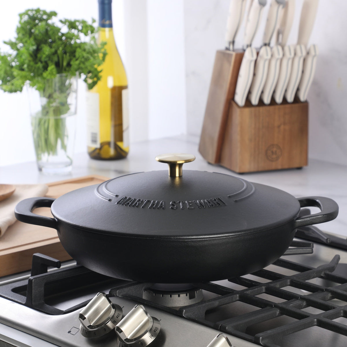 Martha Stewart Gatwick Enameled Cast Iron Braiser with Lid, 3.5-Quart Braiser Pan for Stovetop & Oven, Cast Iron Braising Pan with Gold Knob