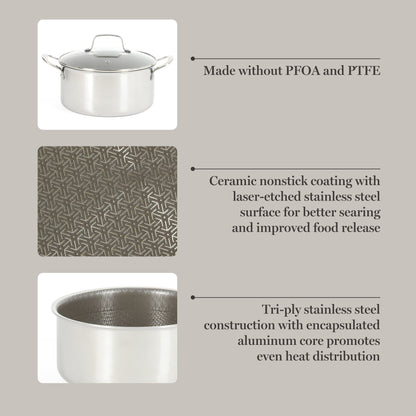 Martha Stewart Badgley Hybrid Nonstick 10 Piece TriPly Stainless Steel Pots and Pans Non-Toxic Kitchen Cookware Set - Laser Etched Non-Toxic Nonstick W/ Stay Cool Handle - Dishwasher and Induction Safe