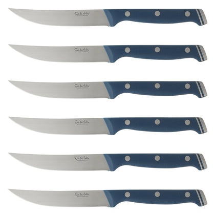 Sur La Table Kitchen Essentials 14 Piece Cutlery Set, German Steel Forged Knives, Beech Wood Block, Chef, Santoku, Bread, Steak Knives, Shears & Sharpener - Blue