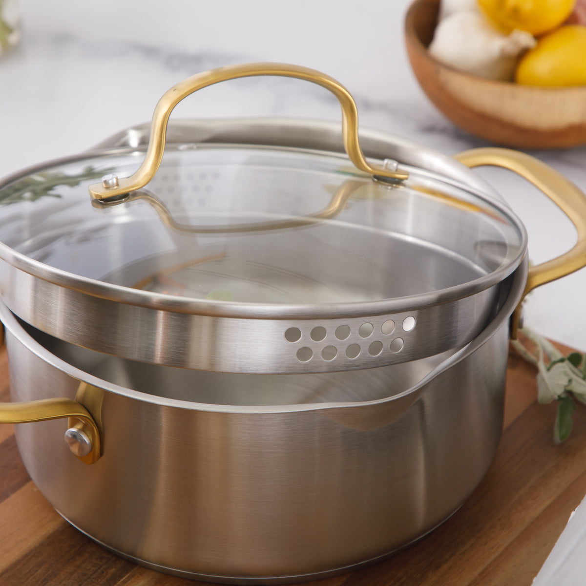 Oster Platinum Sunstreak Pots and Pans Set, 10-Piece Stainless Steel Cookware Set with Glass Strainer Lids, Induction Cookware Set