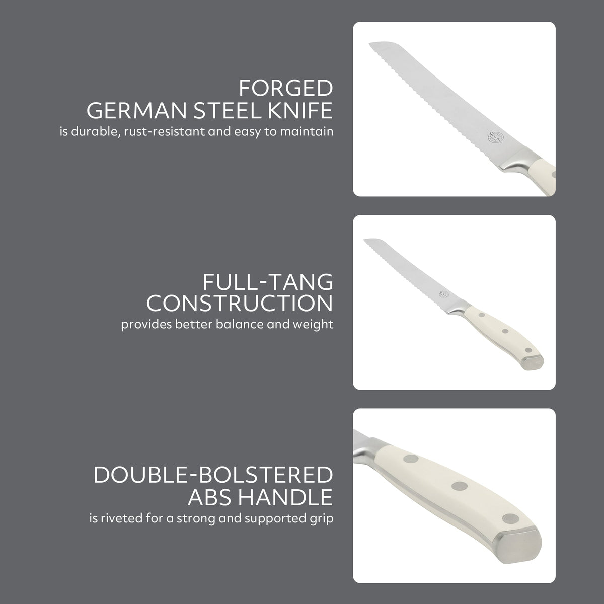 Sur La Table Kitchen Essentials Tasting Kitchen German Steel Bread Knife, 8-Inch Stainless Steel Blade – Professional Kitchen Knife with White Handle and Forged Full Tang