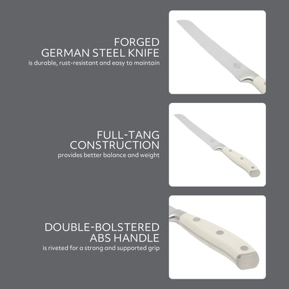 Sur La Table Kitchen Essentials Tasting Kitchen German Steel Bread Knife, 8-Inch Stainless Steel Blade – Professional Kitchen Knife with White Handle and Forged Full Tang