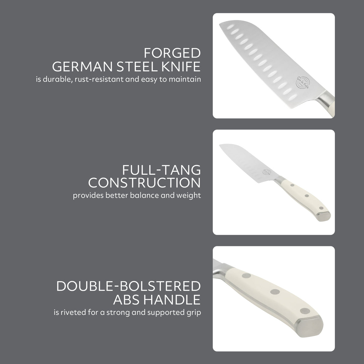 Sur La Table Kitchen Essentials Tasting Kitchen German Steel Santoku Knife, 7-Inch Stainless Steel Blade – Professional Kitchen Knife with White Handle and Forged Full Tang