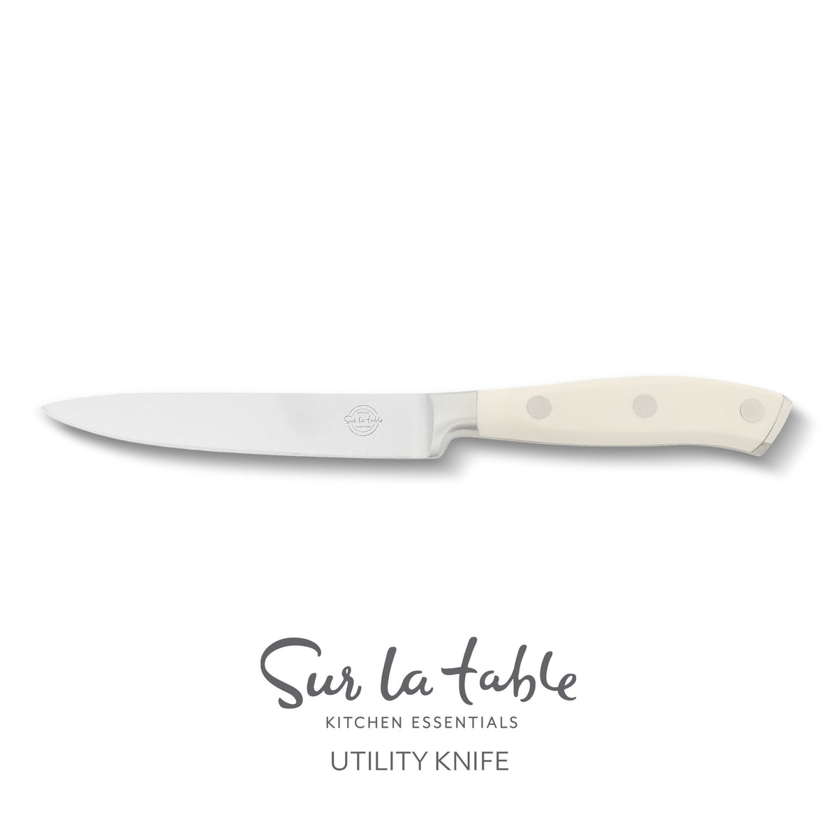 Sur La Table Kitchen Essentials Tasting Kitchen German Steel Utility Knife, 5-Inch Stainless Steel Blade – Professional Kitchen Knife with White Handle and Forged Full Tang