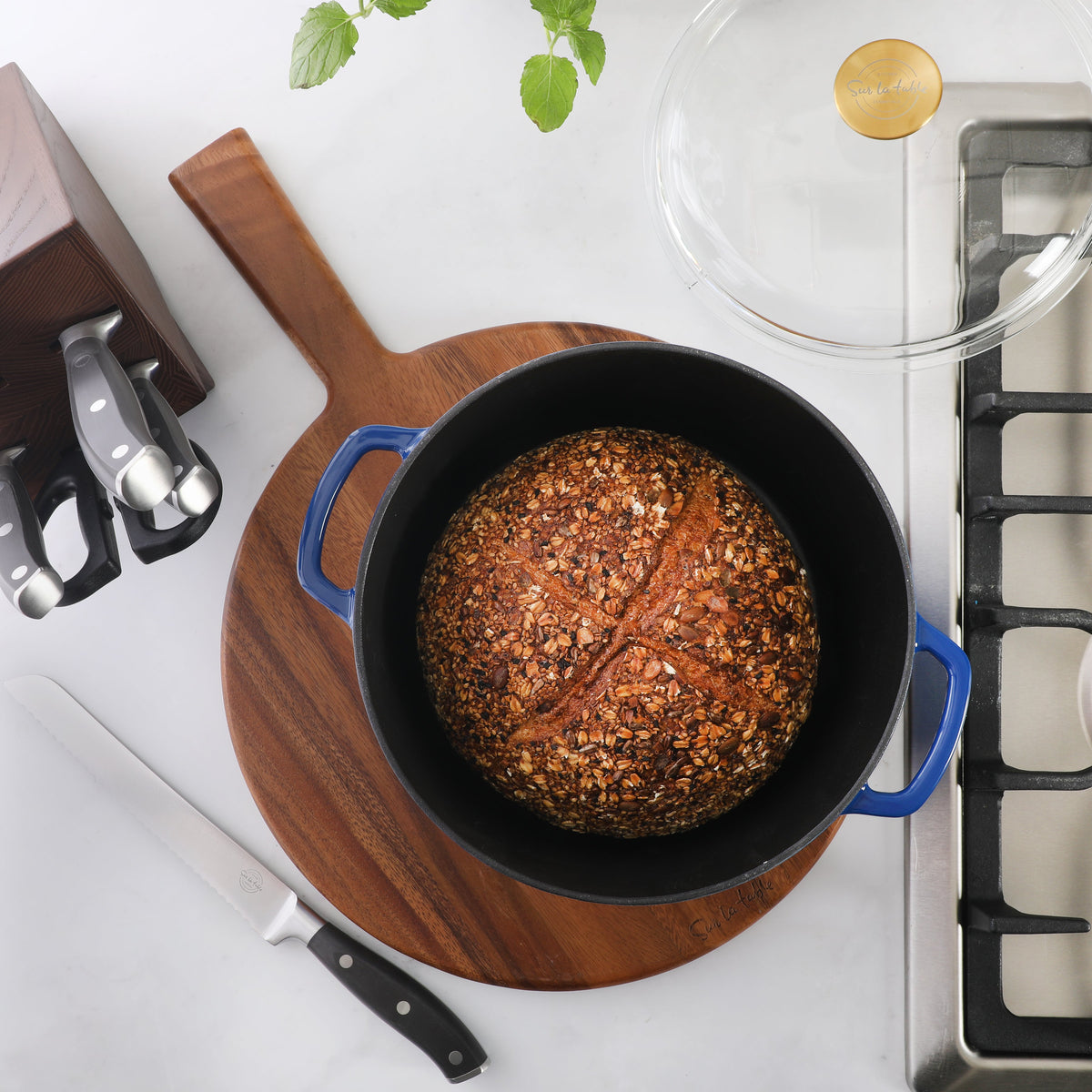 Sur La Table Kitchen Essentials Supper Club 5-Quart Enamel-Coated Cast Iron Dutch Oven Pot with Oven Safe Glass Lid, Oven-to-Table Cookware for Bread, Soups, Stews & Braising