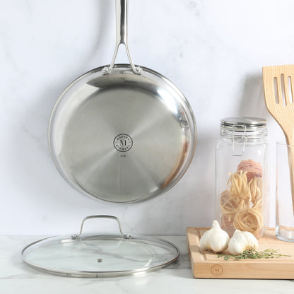 Martha Stewart Badgley Hybrid Nonstick 12 Inch TriPly Stainless Steel Large Fry Pan With Lid & Stay Cool Handle - Laser Etched Non-Toxic Nonstick Skillet - Dishwasher and Induction Safe