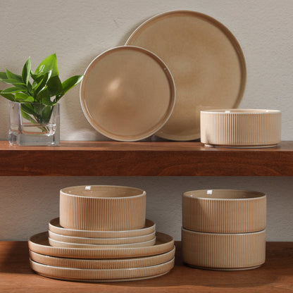 Gibson Elite Solana Coast 12 Piece Stoneware Reactive Glaze (Service for 4) Ceramic Plates and Bowls Modern Shape Embossed Dinnerware Set