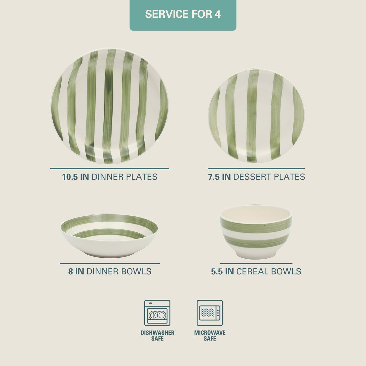 Gibson Home Kenwood Shores 16 Piece Dinnerware Set, Striped, Stoneware, Hand-Painted Plates and Bowls, Service for 4, Microwave & Dishwasher Safe