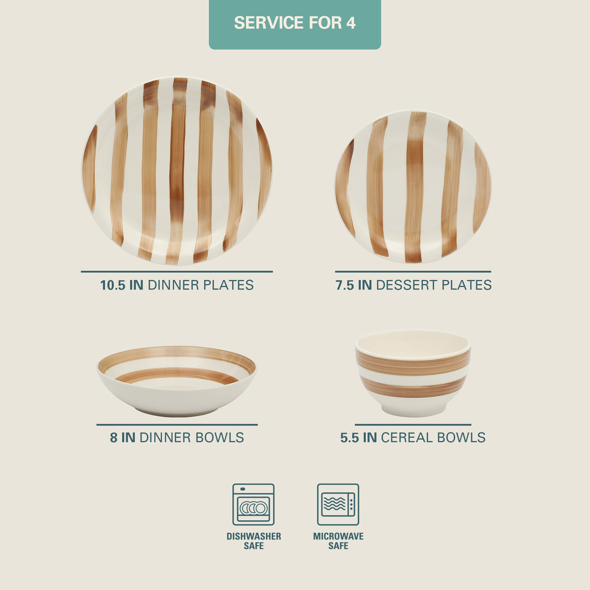 Gibson Home Kenwood Shores 16 Piece Dinnerware Set, Striped, Stoneware, Hand-Painted Plates and Bowls, Service for 4, Microwave & Dishwasher Safe