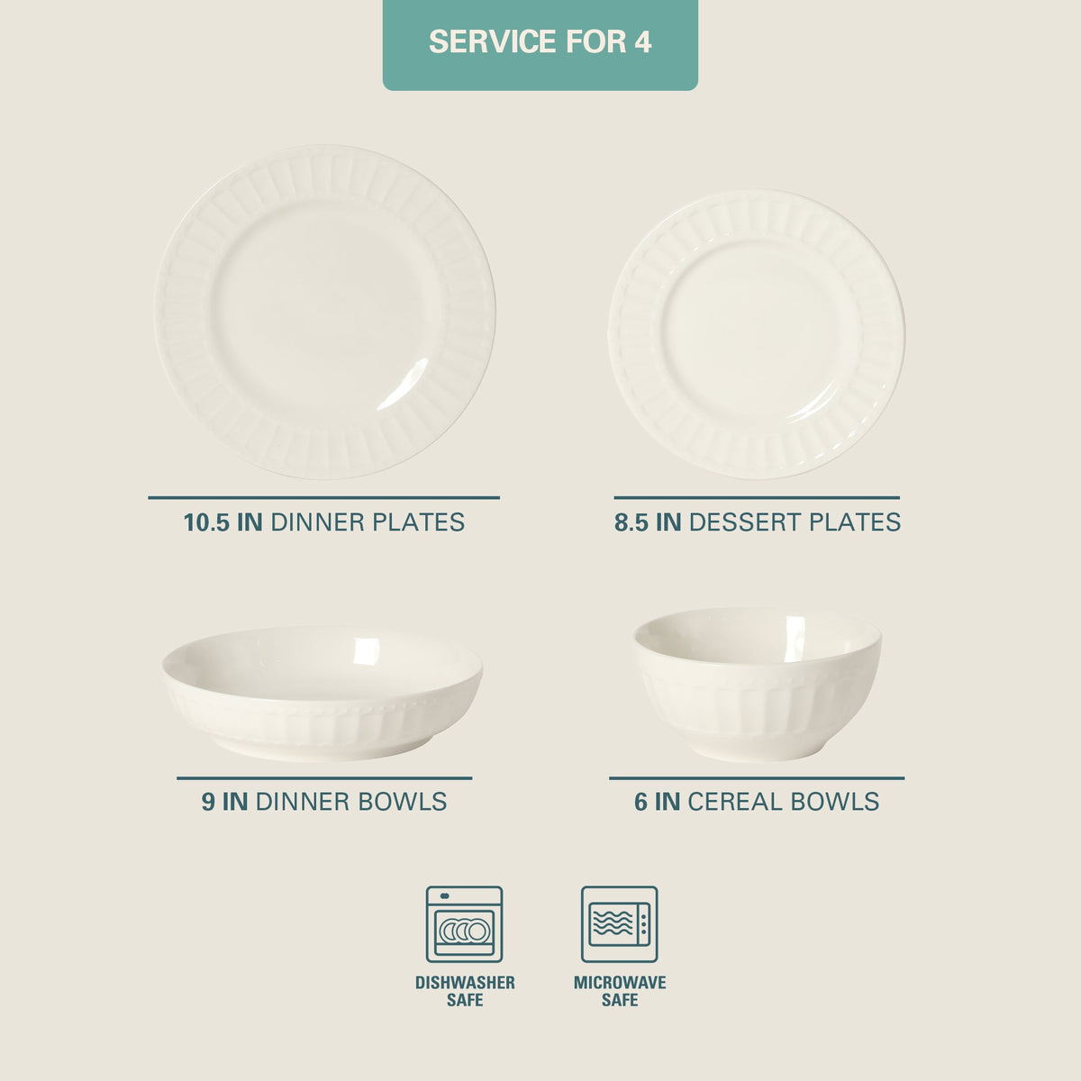 Gibson Home Melbourne White Plates and Bowls Set, 16 Piece Embossed Ceramic Dinnerware Set - Service for 4 Dishes - With Pasta Bowl