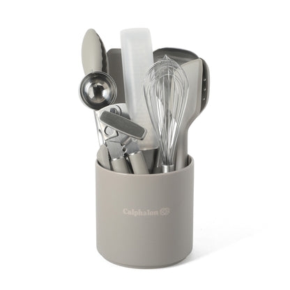 Calphalon Edge Kitchen Utensil and Gadget Set with Crock, 10-Piece Cooking Utensils, Navy, Stainless Steel and Silicone Tools and Gadget Set - Taupe