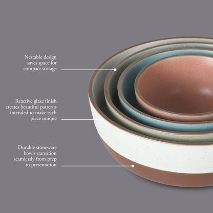Gibson Elite William Crest 4 Piece Nesting Bowl Set, Round Stoneware Mixing Bowls, Reactive Glaze Finish, 5”, 6.25”, 7.5”, 9”, Prep & Serving Bowls, Microwave & Dishwasher Safe - Green