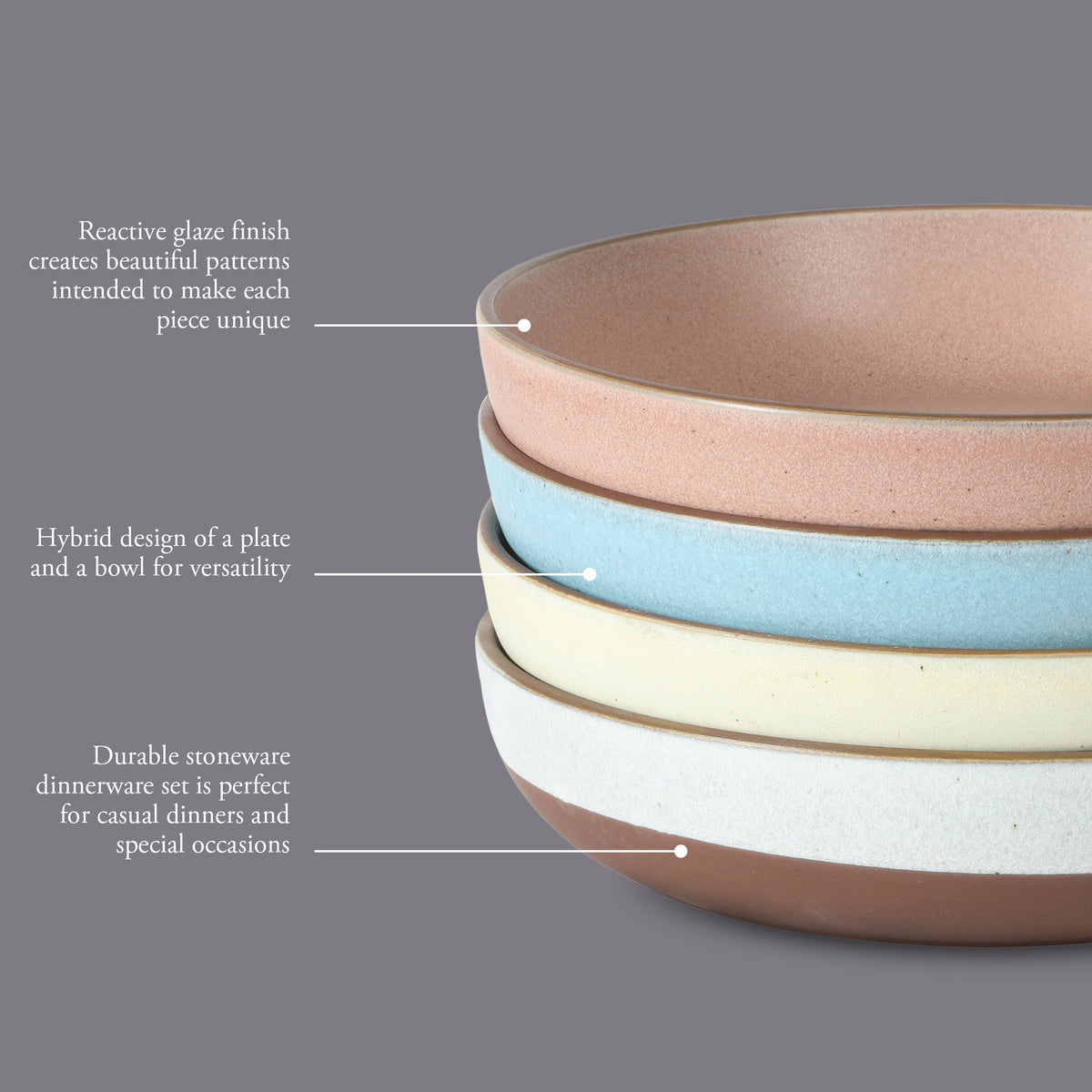 Gibson Elite William Crest 4 Piece Dinner Bowl Set, 8.5” Round Stoneware Bowls, Reactive Glaze Finish, Large Soup, Pasta & Salad Bowls, Microwave & Dishwasher Safe