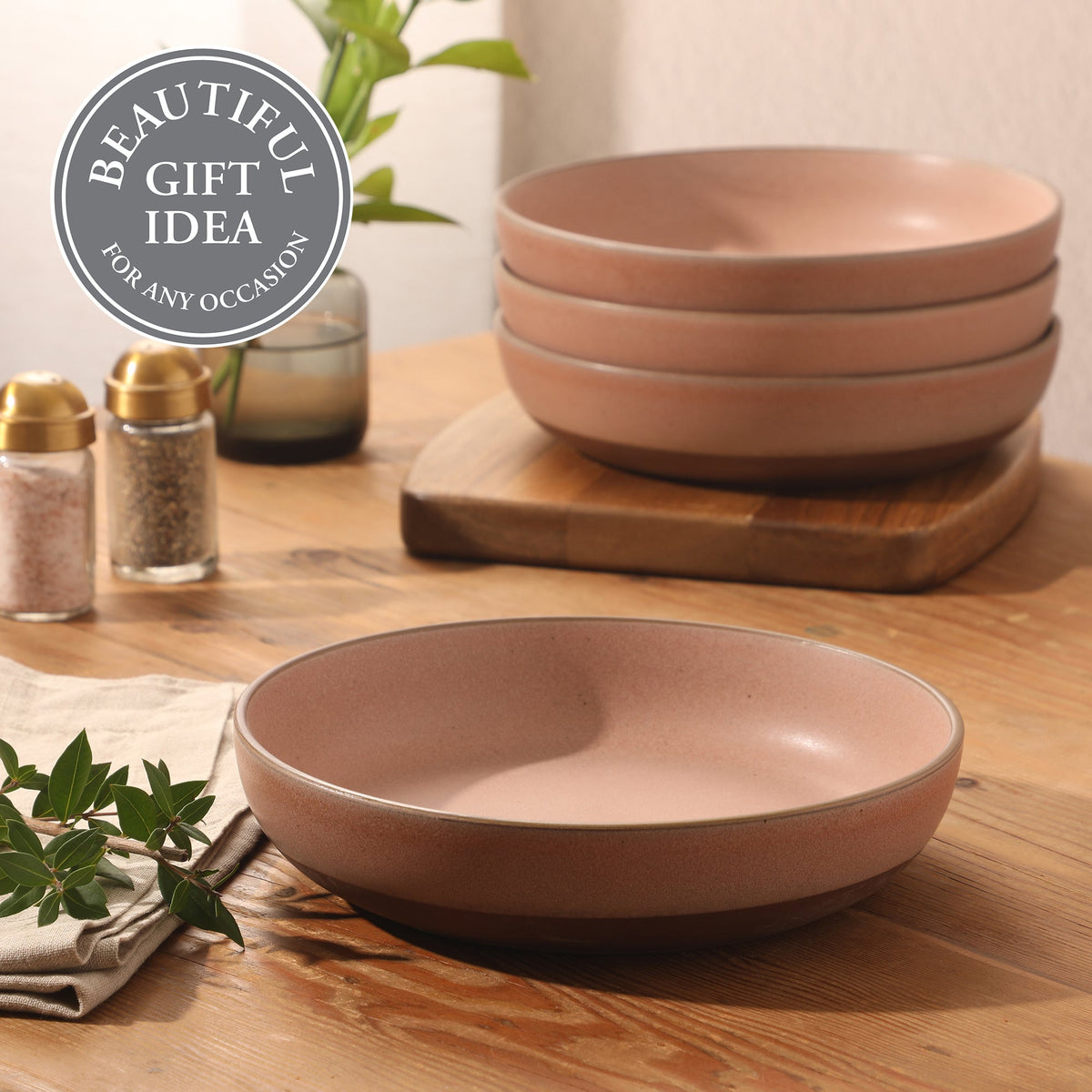 Gibson Elite William Crest 4 Piece Dinner Bowl Set, 8.5” Round Stoneware Bowls, Reactive Glaze Finish, Large Soup, Pasta & Salad Bowls, Microwave & Dishwasher Safe