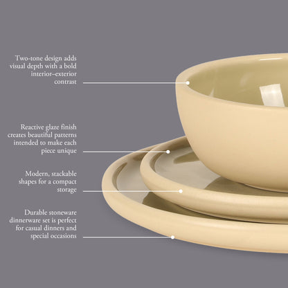 Gibson Elite - Made in Portugal - Port Gaia 12 Piece (Service for 4) Plates and Bowls Reactive Glaze Dishes Stoneware Ceramic Dinnerware Set