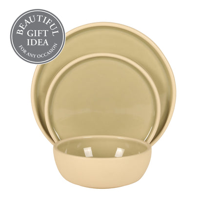 Gibson Elite - Made in Portugal - Port Gaia 12 Piece (Service for 4) Plates and Bowls Reactive Glaze Dishes Stoneware Ceramic Dinnerware Set