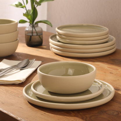 Gibson Elite - Made in Portugal - Port Gaia 12 Piece (Service for 4) Plates and Bowls Reactive Glaze Dishes Stoneware Ceramic Dinnerware Set