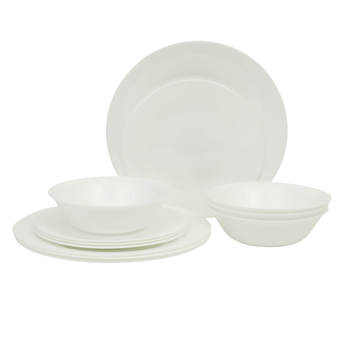 Gibson Home Vanilla Hills 12-Piece Opal Glass Dinnerware Set, Service for 4 – Includes 10" Dinner Plates, 8.5" Salad Plates & Bowls – Microwave Safe, Dishwasher Safe, Chip Resistant – White, Round