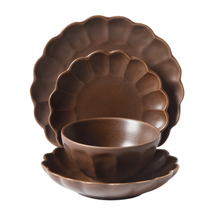 Bloomhouse Plates and Bowls Set, 16 Piece Stoneware Dinnerware for 4, Scallop Embossed, Oprah's Favorite Things, Dishwasher & Microwave Safe, Black