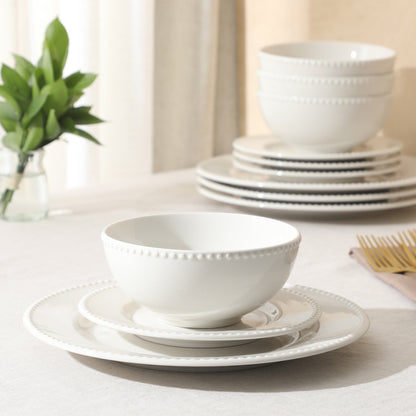 Gibson Home Caviara Plates and Bowls Set, 12-Piece Dinnerware Set, White Round Beaded Rim Porcelain Dish Set, Dinner Plates, Salad Plates & Cereal Bowls