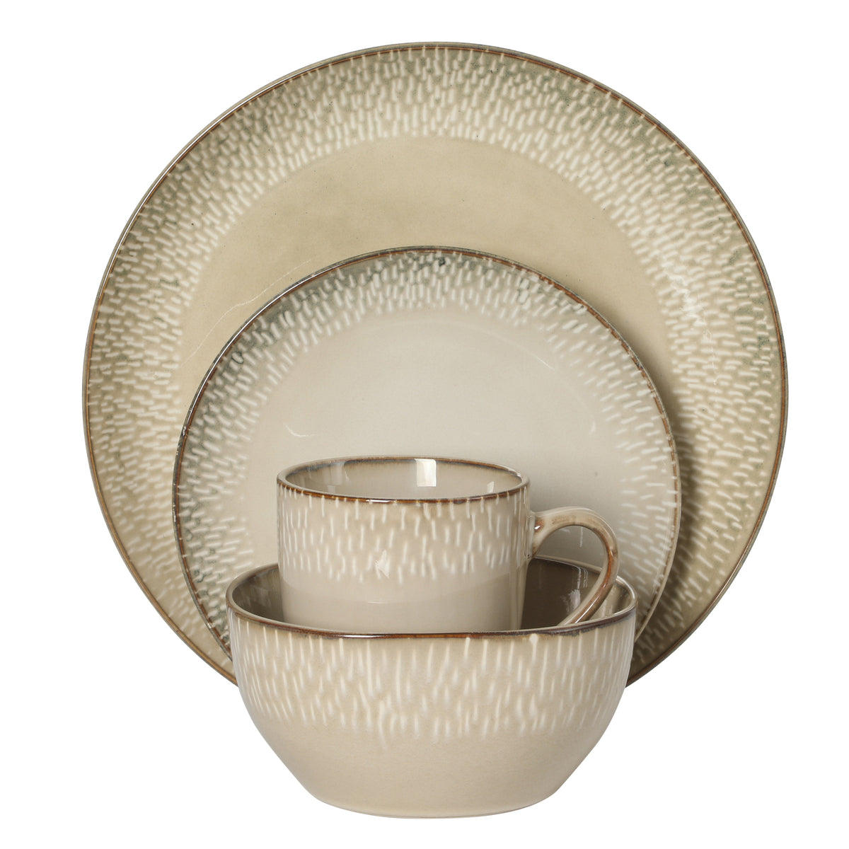 Gibson Elite Jasper 16 Piece Plates and Bowls Reactive Glaze Dishes Stoneware Ceramic Dinnerware Set - Service for 4 - Taupe