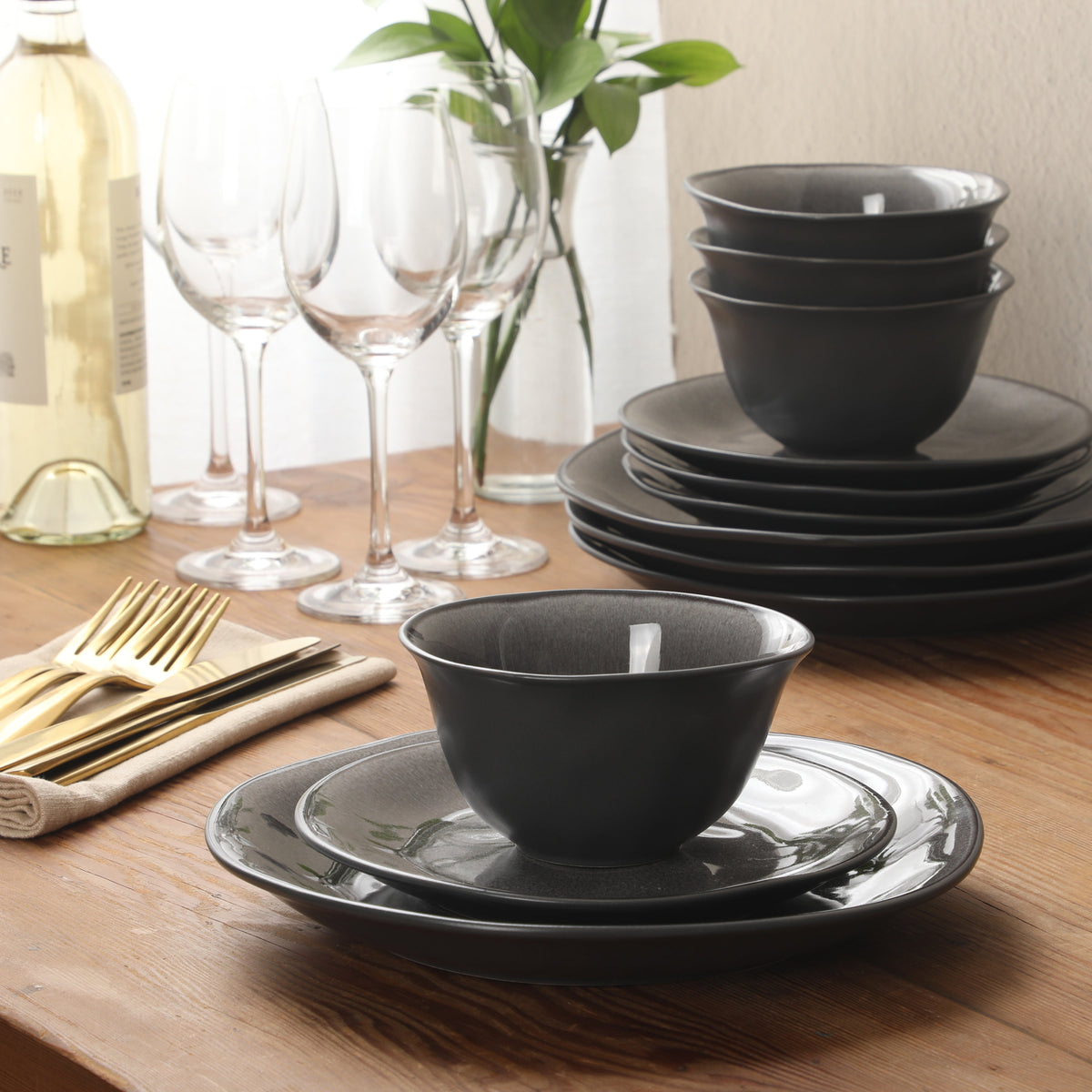 Gibson Elite Port Barton Plates and Bowls Sets, 12-Piece Stoneware Dinnerware Sets, Reactive Glaze Dish Set, Service for 4