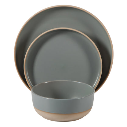 Gibson Home Plates and Bowls Set, 12 Piece Stoneware Dinnerware Set for 4, Matte Two-Tone Glaze, Dishwasher & Microwave Safe, Green
