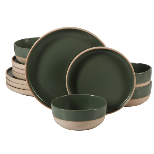 Gibson Home Plates and Bowls Set, 12 Piece Stoneware Dinnerware Set for 4, Matte Two-Tone Glaze, Dishwasher & Microwave Safe, Green