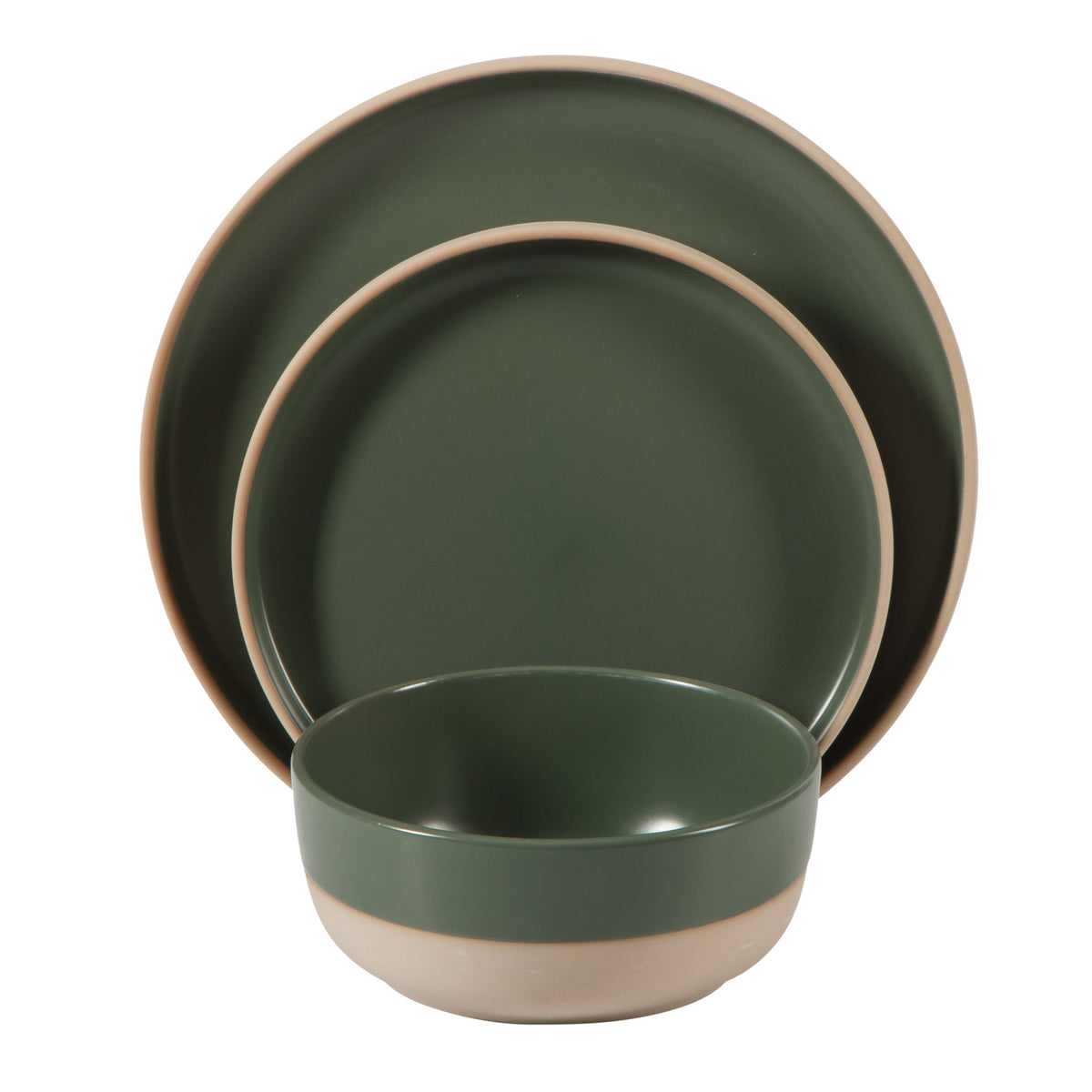 Gibson Home Plates and Bowls Set, 12 Piece Stoneware Dinnerware Set for 4, Matte Two-Tone Glaze, Dishwasher & Microwave Safe, Green