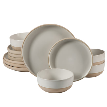 Gibson Home Plates and Bowls Set, 12 Piece Stoneware Dinnerware Set for 4, Matte Two-Tone Glaze, Dishwasher & Microwave Safe, Green