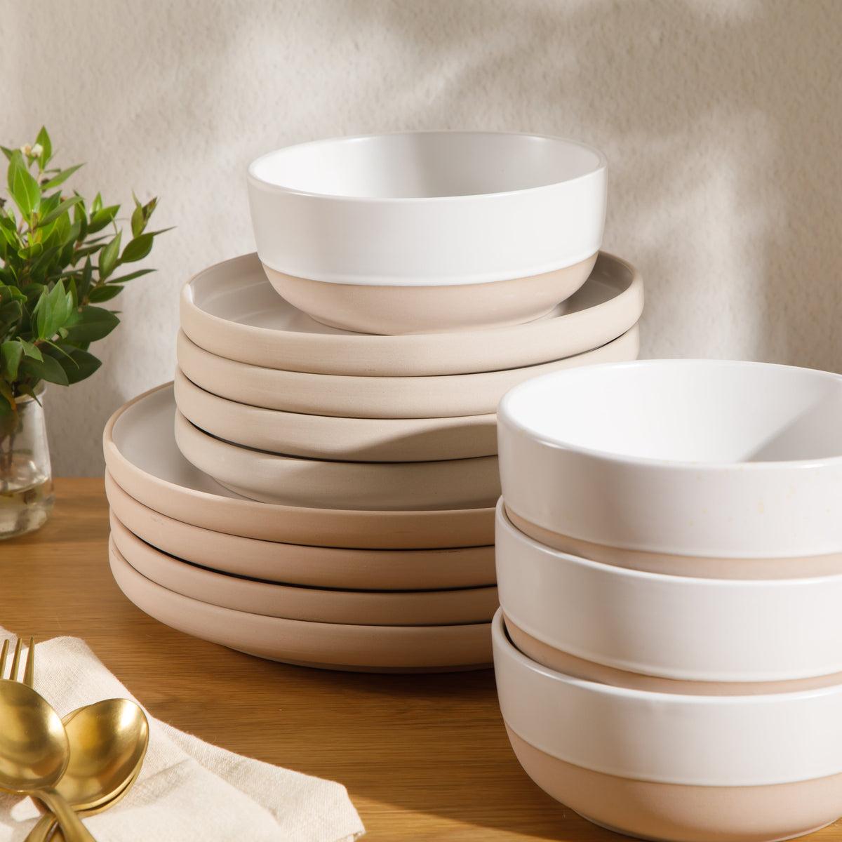 Gibson Home Plates and Bowls Set, 12 Piece Stoneware Dinnerware Set for 4, Matte Two-Tone Glaze, Dishwasher & Microwave Safe, Green