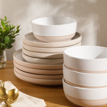 Gibson Home Plates and Bowls Set, 12 Piece Stoneware Dinnerware Set for 4, Matte Two-Tone Glaze, Dishwasher & Microwave Safe, Green