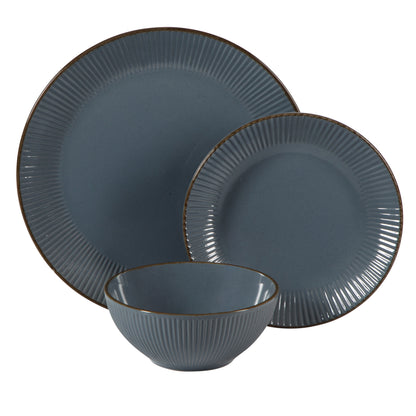 Gibson Home Plates and Bowls Set, 12 Piece Stoneware Dinnerware Set for 4, Ribbed Reactive Glaze, Dishwasher & Microwave Safe