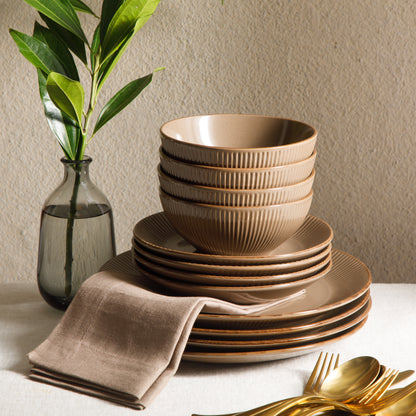 Gibson Home Plates and Bowls Set, 12 Piece Stoneware Dinnerware Set for 4, Ribbed Reactive Glaze, Dishwasher & Microwave Safe