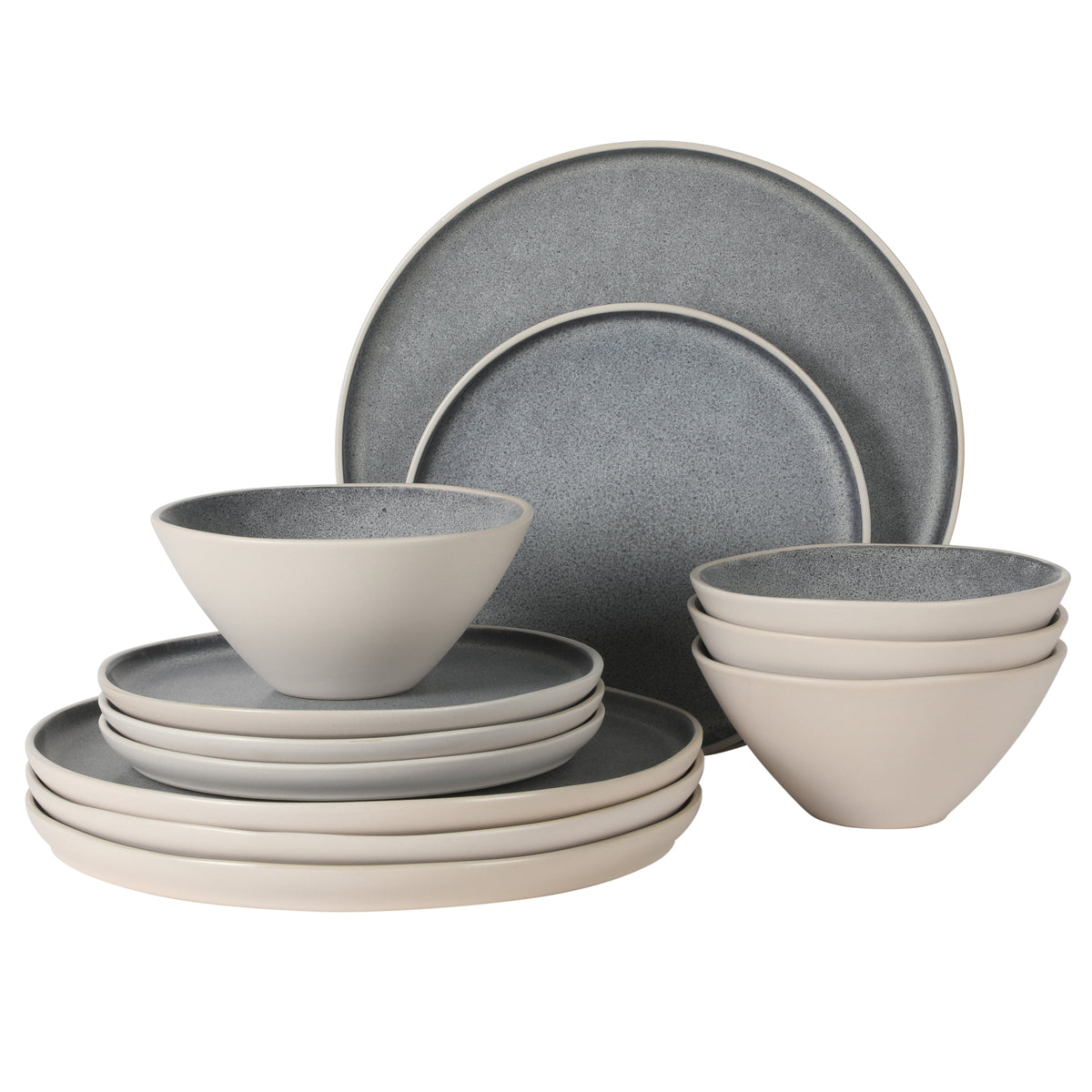Gibson Elite Coastal Forest Plates and Bowls Sets, 12-Piece Stoneware Dinnerware Sets, Triple Reactive Glaze Dish Set - Grey and Cream White