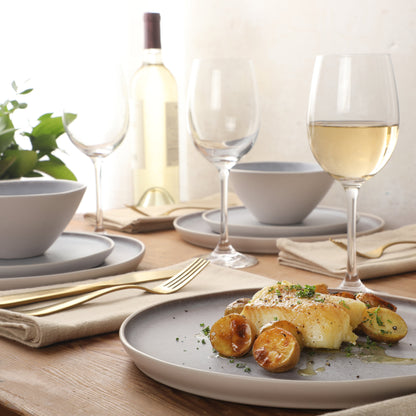 Gibson Elite Coastal Forest Plates and Bowls Sets, 12-Piece Stoneware Dinnerware Sets, Triple Reactive Glaze Dish Set - Grey and Cream White