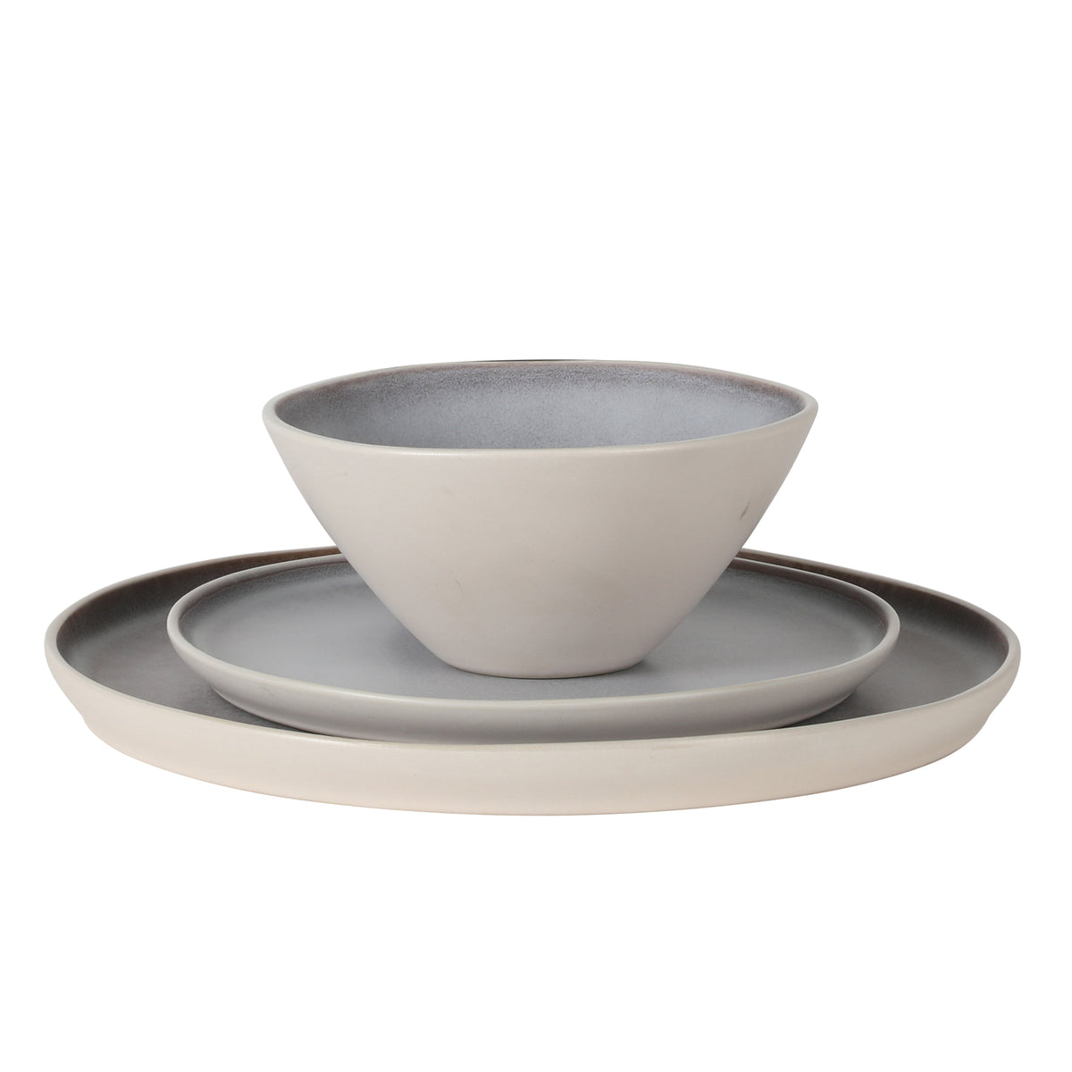 Gibson Elite Coastal Forest Plates and Bowls Sets, 12-Piece Stoneware Dinnerware Sets, Triple Reactive Glaze Dish Set - Grey and Cream White