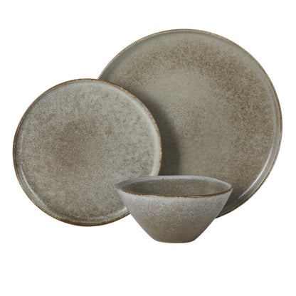 Gibson Elite Coastal Forest Plates and Bowls Sets, 12-Piece Stoneware Dinnerware Sets, Triple Reactive Glaze Dish Set - Grey and Cream White