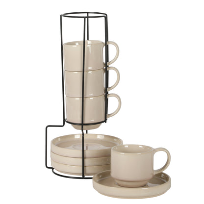 Gibson Elite Sunrise Hills 9-Piece Stackable Stoneware Cup and Saucer Set with Metal Rack, 6 oz, Service for 4, Dishwasher Safe