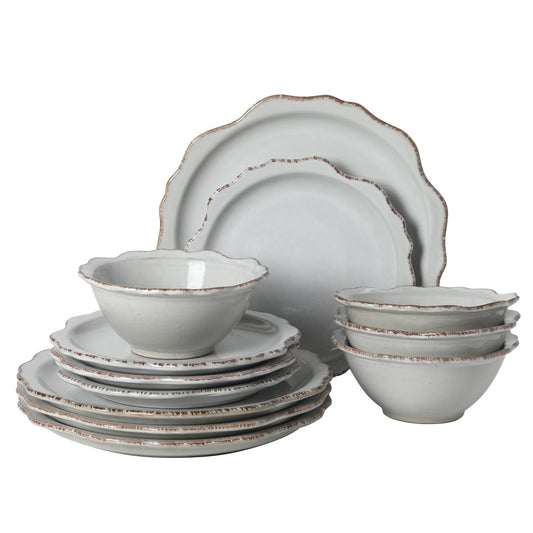 Gibson Elite Kennon Road Plates and Bowls Set, 12-Piece Dinnerware Set, White Scalloped Stoneware Dishes, Dinner Plates, Salad Plates & Cereal Bowls, Reactive Glaze