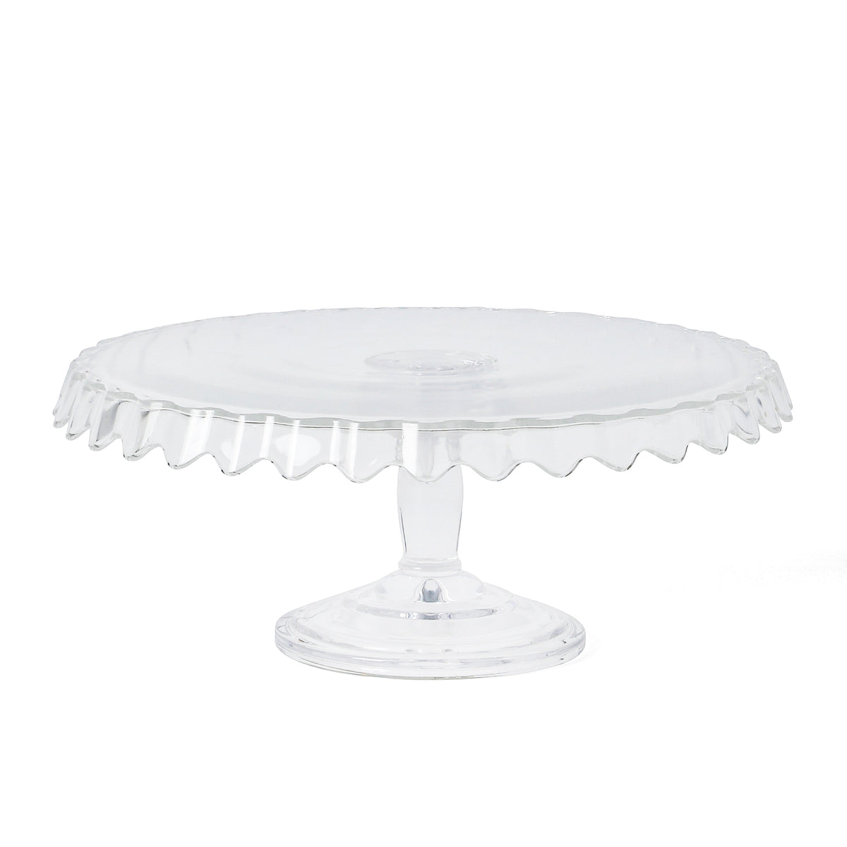 Martha Stewart Watercrest Glass Cake Stand, 10.2 Inch Footed Pedestal Cake Plate with Scalloped Ruffled Edge, Clear Handmade Glassware