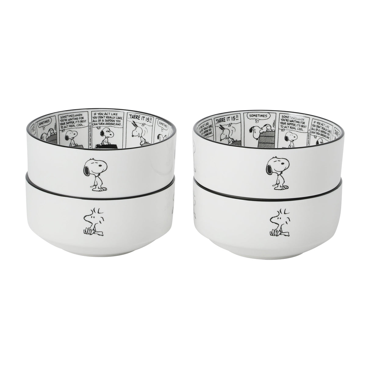 Peanuts Snoopy Cereal Bowls, Set of 4, 4.5-Inch Porcelain Snack Bowls for Ice Cream and Dessert, Sunday Comic Strip Design with Snoopy and Woodstock